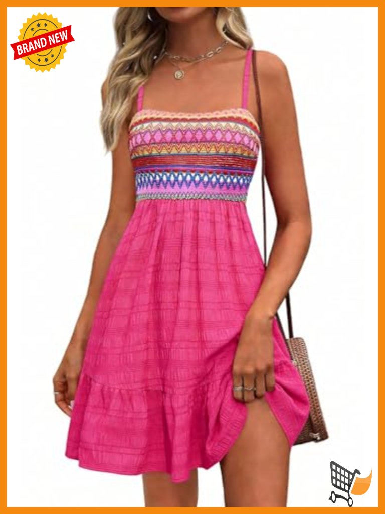 Smocked Boho Mini Dress With Pockets Spaghetti Strap Sleeveless A-Line
